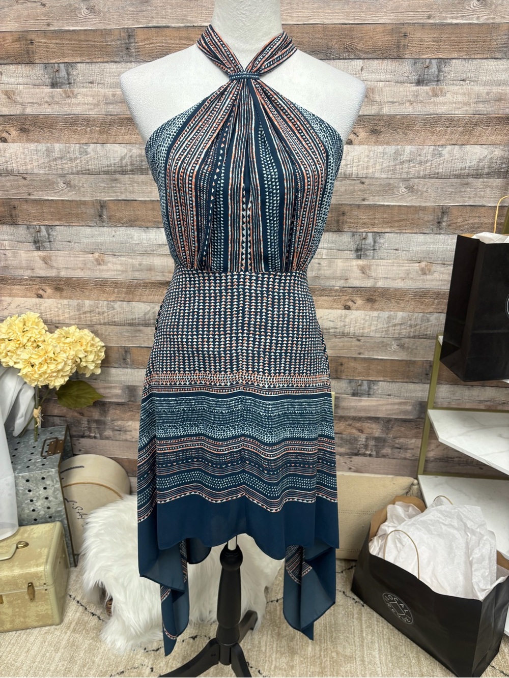 BCBCMazArzia Blue & Coral Geo Print Halter Dress 0